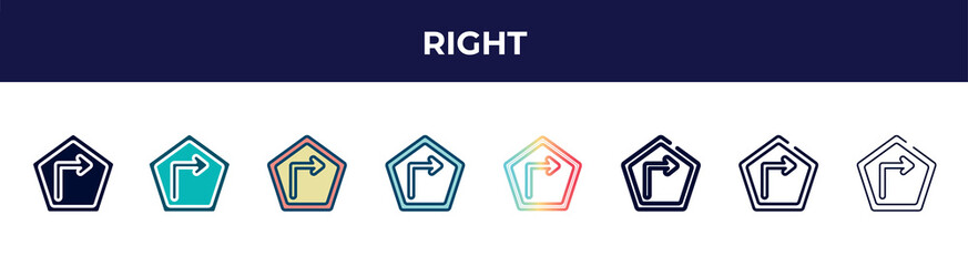 right icon in 8 styles. line, filled, glyph, thin outline, colorful, stroke and gradient styles, right vector sign. symbol, logo illustration. different style icons set.