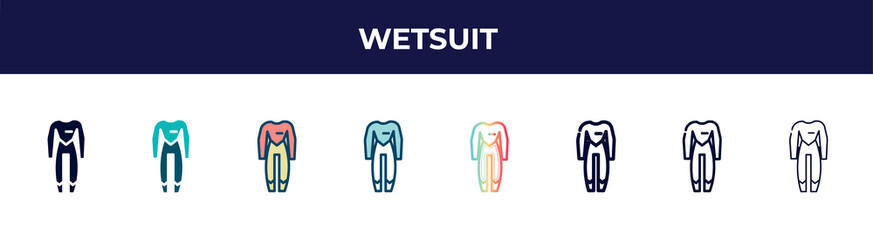 wetsuit icon in 8 styles. line, filled, glyph, thin outline, colorful, stroke and gradient styles, wetsuit vector sign. symbol, logo illustration. different style icons set.