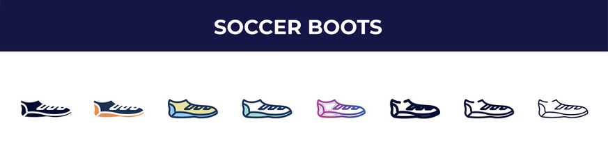 soccer boots icon in 8 styles. line, filled, glyph, thin outline, colorful, stroke and gradient styles, soccer boots vector sign. symbol, logo illustration. different style icons set.