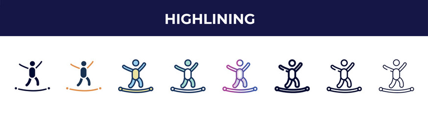 highlining icon in 8 styles. line, filled, glyph, thin outline, colorful, stroke and gradient styles, highlining vector sign. symbol, logo illustration. different style icons set.