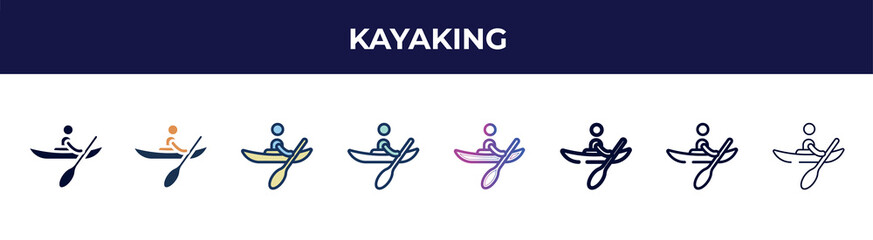 kayaking icon in 8 styles. line, filled, glyph, thin outline, colorful, stroke and gradient styles, kayaking vector sign. symbol, logo illustration. different style icons set.