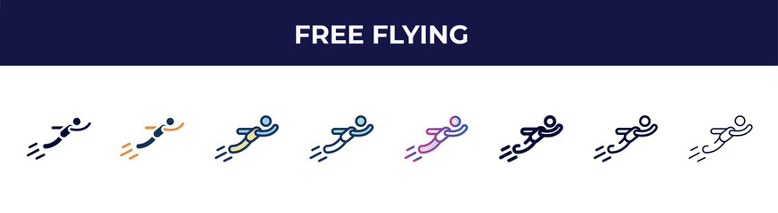 free flying icon in 8 styles. line, filled, glyph, thin outline, colorful, stroke and gradient styles, free flying vector sign. symbol, logo illustration. different style icons set.