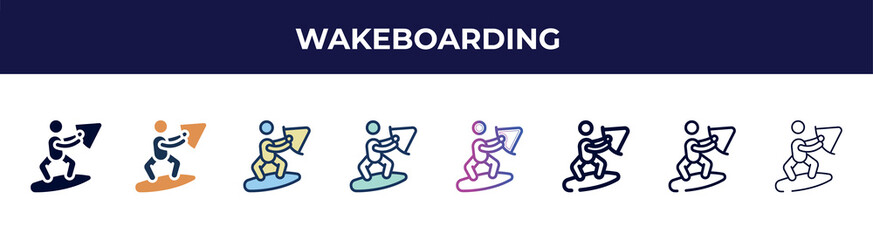 wakeboarding icon in 8 styles. line, filled, glyph, thin outline, colorful, stroke and gradient styles, wakeboarding vector sign. symbol, logo illustration. different style icons set.
