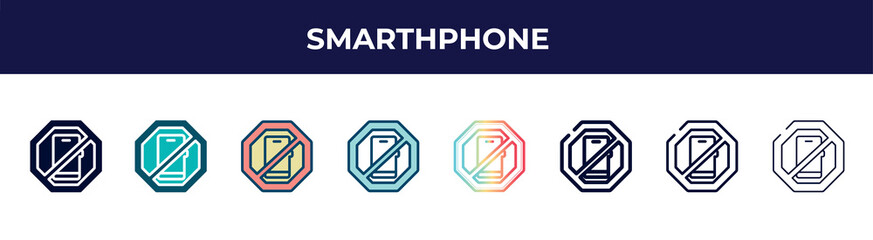 smarthphone icon in 8 styles. line, filled, glyph, thin outline, colorful, stroke and gradient styles, smarthphone vector sign. symbol, logo illustration. different style icons set.