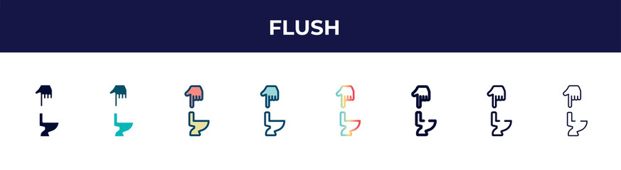 flush icon in 8 styles. line, filled, glyph, thin outline, colorful, stroke and gradient styles, flush vector sign. symbol, logo illustration. different style icons set.
