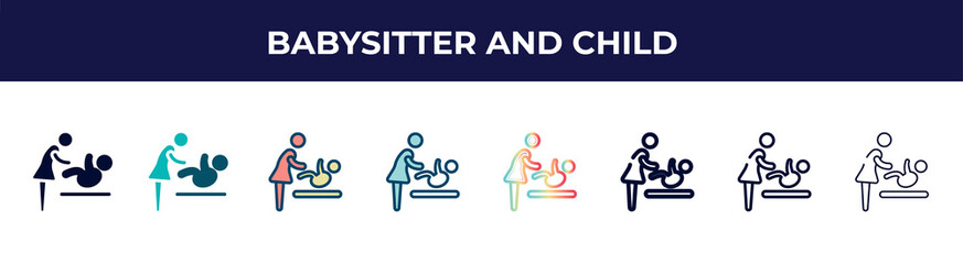babysitter and child icon in 8 styles. line, filled, glyph, thin outline, colorful, stroke and gradient styles, babysitter and child vector sign. symbol, logo illustration. different style icons