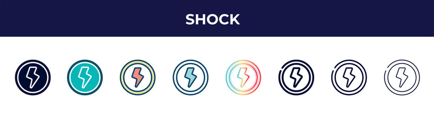 Fototapeta premium shock icon in 8 styles. line, filled, glyph, thin outline, colorful, stroke and gradient styles, shock vector sign. symbol, logo illustration. different style icons set.