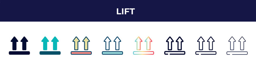 lift icon in 8 styles. line, filled, glyph, thin outline, colorful, stroke and gradient styles, lift vector sign. symbol, logo illustration. different style icons set.