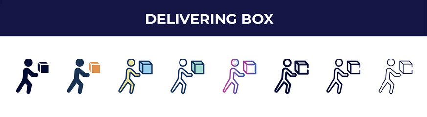 delivering box icon in 8 styles. line, filled, glyph, thin outline, colorful, stroke and gradient styles, delivering box vector sign. symbol, logo illustration. different style icons set.