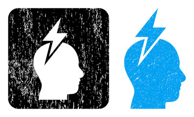 Vector headache subtracted pictogram. Grunge headache seal stamp, done from icon and rounded square. Rounded square seal include headache empty space inside. Vector headache grunge images.