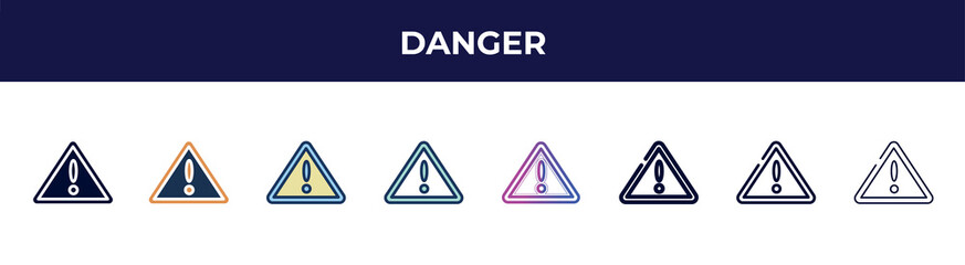 danger icon in 8 styles. line, filled, glyph, thin outline, colorful, stroke and gradient styles, danger vector sign. symbol, logo illustration. different style icons set.