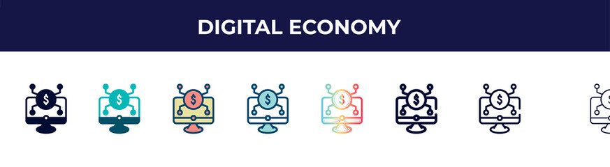 digital economy icon in 8 styles. line, filled, glyph, thin outline, colorful, stroke and gradient styles, digital economy vector sign. symbol, logo illustration. different style icons set.