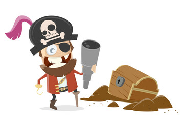 funny cartoon pirate with treasure chest