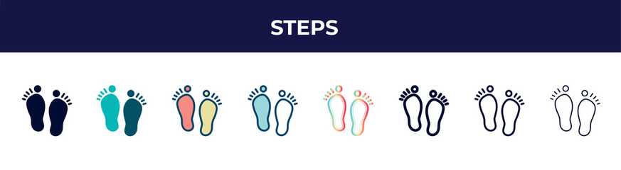 Obraz premium steps icon in 8 styles. line, filled, glyph, thin outline, colorful, stroke and gradient styles, steps vector sign. symbol, logo illustration. different style icons set.