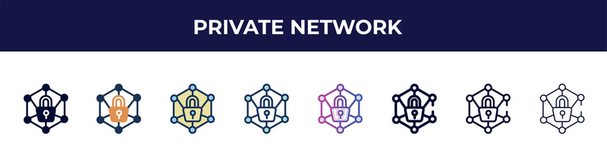 private network icon in 8 styles. line, filled, glyph, thin outline, colorful, stroke and gradient styles, private network vector sign. symbol, logo illustration. different style icons set.