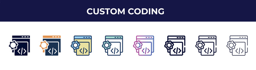 custom coding icon in 8 styles. line, filled, glyph, thin outline, colorful, stroke and gradient styles, custom coding vector sign. symbol, logo illustration. different style icons set.