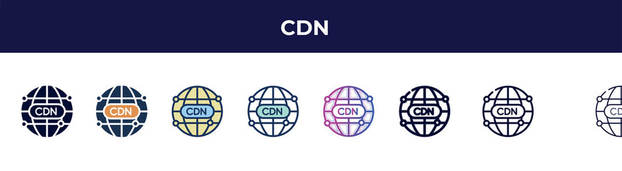 cdn icon in 8 styles. line, filled, glyph, thin outline, colorful, stroke and gradient styles, cdn vector sign. symbol, logo illustration. different style icons set.