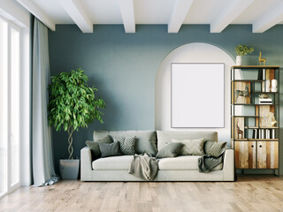 Modern beautiful interior of the room with light walls, large windows and stylish furniture. Bright design in Scandinavian style. 3D rendering