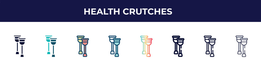 health crutches icon in 8 styles. line, filled, glyph, thin outline, colorful, stroke and gradient styles, health crutches vector sign. symbol, logo illustration. different style icons set.