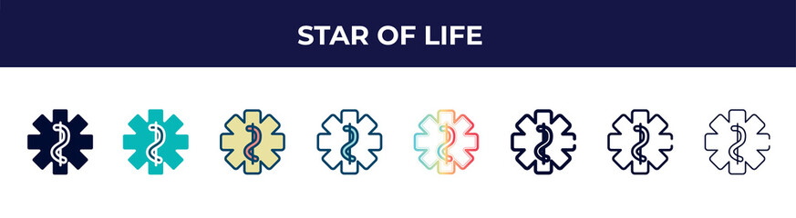 star of life icon in 8 styles. line, filled, glyph, thin outline, colorful, stroke and gradient styles, star of life vector sign. symbol, logo illustration. different style icons set.