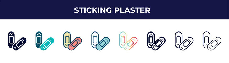 sticking plaster icon in 8 styles. line, filled, glyph, thin outline, colorful, stroke and gradient styles, sticking plaster vector sign. symbol, logo illustration. different style icons set.