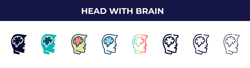head with brain icon in 8 styles. line, filled, glyph, thin outline, colorful, stroke and gradient styles, head with brain vector sign. symbol, logo illustration. different style icons set.