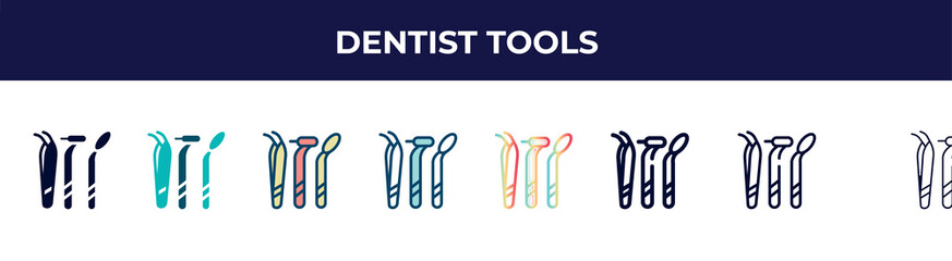 dentist tools icon in 8 styles. line, filled, glyph, thin outline, colorful, stroke and gradient styles, dentist tools vector sign. symbol, logo illustration. different style icons set.