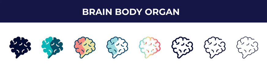 brain body organ icon in 8 styles. line, filled, glyph, thin outline, colorful, stroke and gradient styles, brain body organ vector sign. symbol, logo illustration. different style icons set.