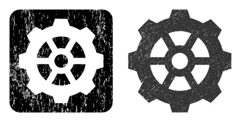 Vector gear hole icon. Grunge gear seal stamp, done with icon and rounded square. Rounded square stamp seal have gear carving inside. Vector gear grunge images.