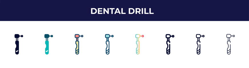 dental drill icon in 8 styles. line, filled, glyph, thin outline, colorful, stroke and gradient styles, dental drill vector sign. symbol, logo illustration. different style icons set.