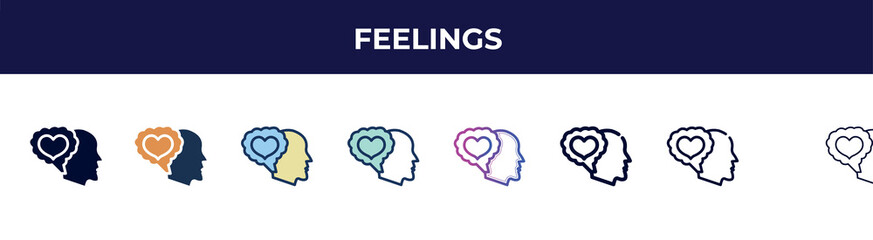 feelings icon in 8 styles. line, filled, glyph, thin outline, colorful, stroke and gradient styles, feelings vector sign. symbol, logo illustration. different style icons set.