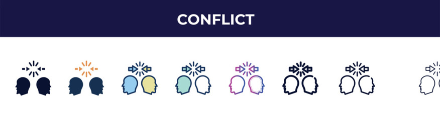 conflict icon in 8 styles. line, filled, glyph, thin outline, colorful, stroke and gradient styles, conflict vector sign. symbol, logo illustration. different style icons set.