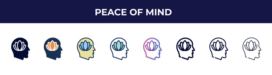 peace of mind icon in 8 styles. line, filled, glyph, thin outline, colorful, stroke and gradient styles, peace of mind vector sign. symbol, logo illustration. different style icons set.