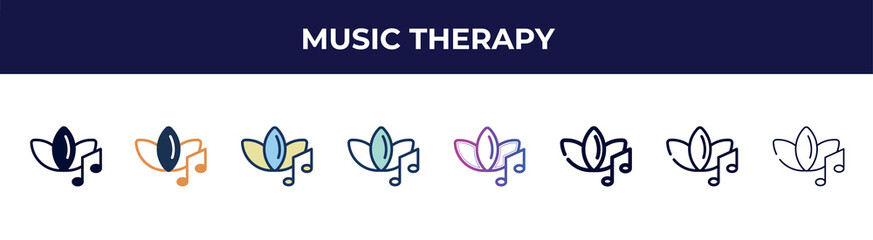 music therapy icon in 8 styles. line, filled, glyph, thin outline, colorful, stroke and gradient styles, music therapy vector sign. symbol, logo illustration. different style icons set.
