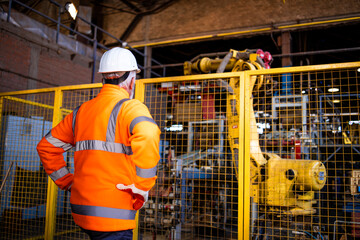 Factory worker in safety uniform controlling operation of industrial robotic arm in production department.