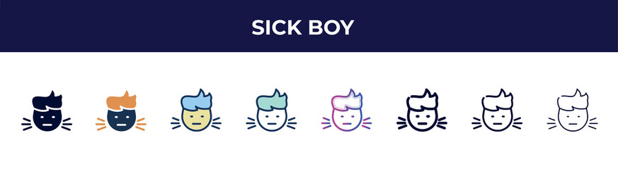 sick boy icon in 8 styles. line, filled, glyph, thin outline, colorful, stroke and gradient styles, sick boy vector sign. symbol, logo illustration. different style icons set.