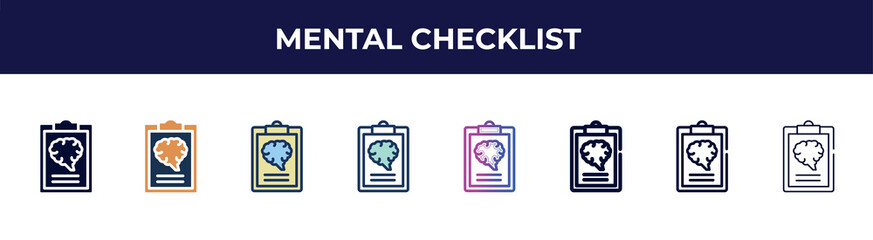 mental checklist icon in 8 styles. line, filled, glyph, thin outline, colorful, stroke and gradient styles, mental checklist vector sign. symbol, logo illustration. different style icons set.