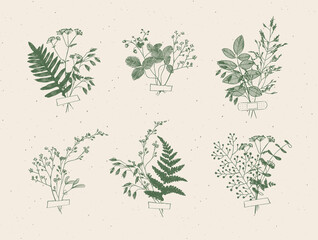 Branches and leaves are collected into a bouquet with sticker drawing in green color on beige background