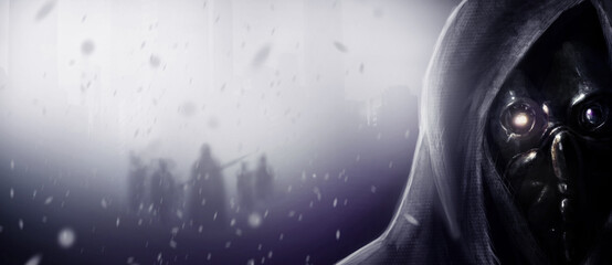 Sci-fi illustration artwork of stalker survivor in gas mask in fog.