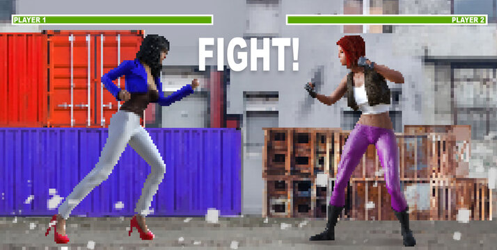 Pixel artwork illustration of fighting game 16 bit 2d game.