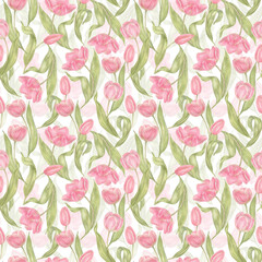 Watercolor hand drawn flowers tulips seamless pattern. Spring Botanical illustration. For background, greeting cards, invitation, birthday and mothers day, linen, wrapping paper, wallpaper, textile.
