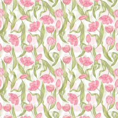 Watercolor hand drawn flowers tulips seamless pattern. Spring Botanical illustration. For background, greeting cards, invitation, birthday and mothers day, linen, wrapping paper, wallpaper, textile.