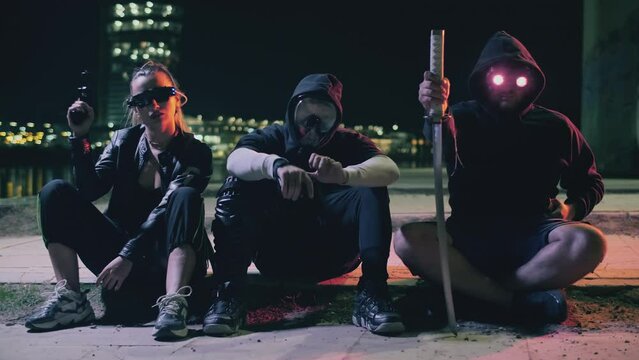 Masked gang of youths in Cyberpunk city