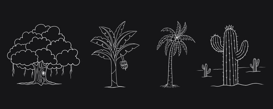 Set various hand drawn trees vector clip art on black background 