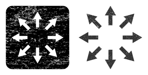 Vector radial arrows carved icon. Grunge radial arrows seal, done from icon and rounded square. Rounded square stamp contain radial arrows carving inside. Vector radial arrows grunge images.