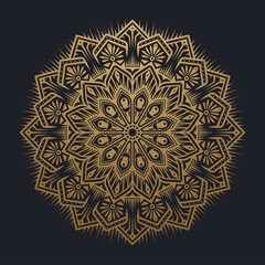 Round abstract mandala art on black isolated background pattern. Yoga template. Vector Illustration