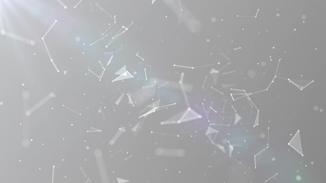 Animated halftone background. Movements of  big bang. A pattern connecting lines, triangles, dots, particles. Outer space. Shards of glass. Destroyed plexuses. 3d rendering. 4k