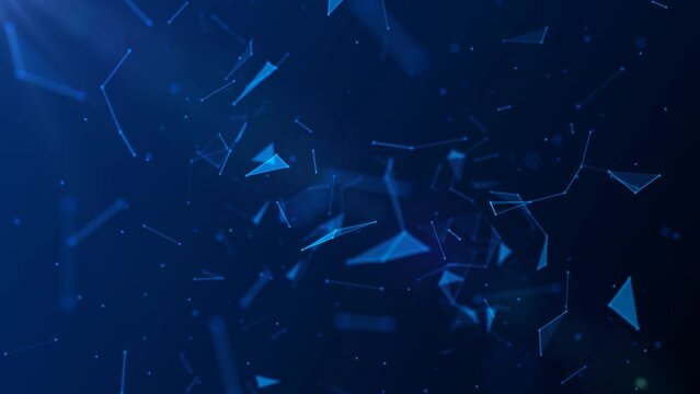 Animated background. Movements around circle of big bang. Pattern of glowing neon connecting lines, triangles, dots, particles. Outer space. Shards of glass. Destroyed plexuses. 3d rendering. 4k