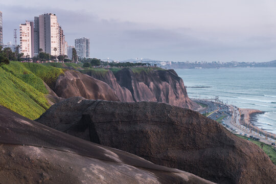 View of Miraflores in Lima Peru. geogrids that cover the cliffs to prevent landslides of stones and rocks on the road