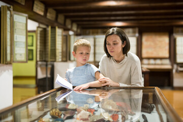 Attentive young woman with school age boy exploring artworks in glass case in museum